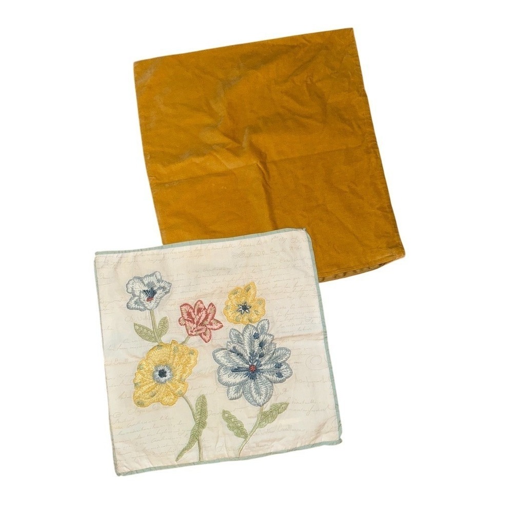 Pier 1 Decorative Pillow Covers 18x18 Floral Embroidered mustard velvet set of 2